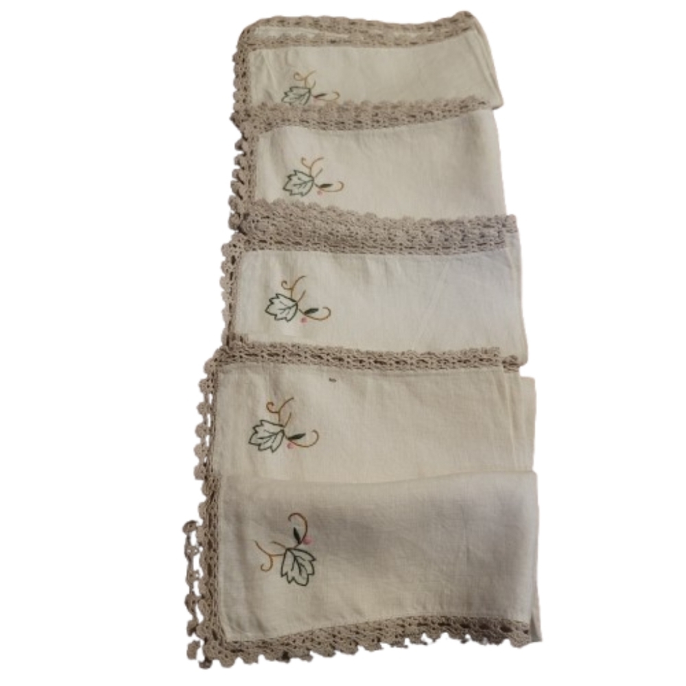 Embroidered Linen Napkins with Crochet Trim
